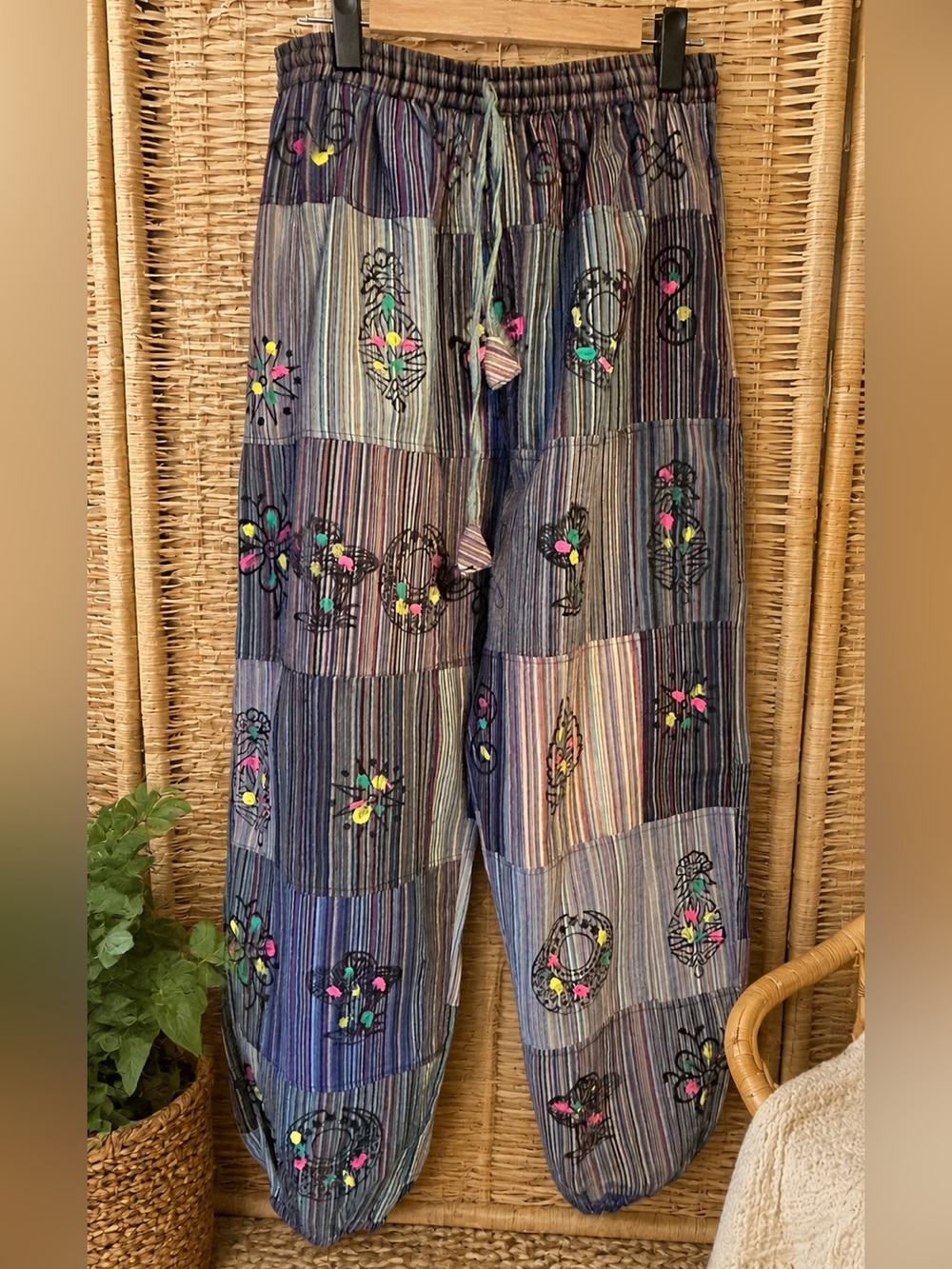 Boho Patchwork Wide-Leg Colorful Striped Harem Pants Cotton Folk Print Size L/XL - Picture 2 of 16